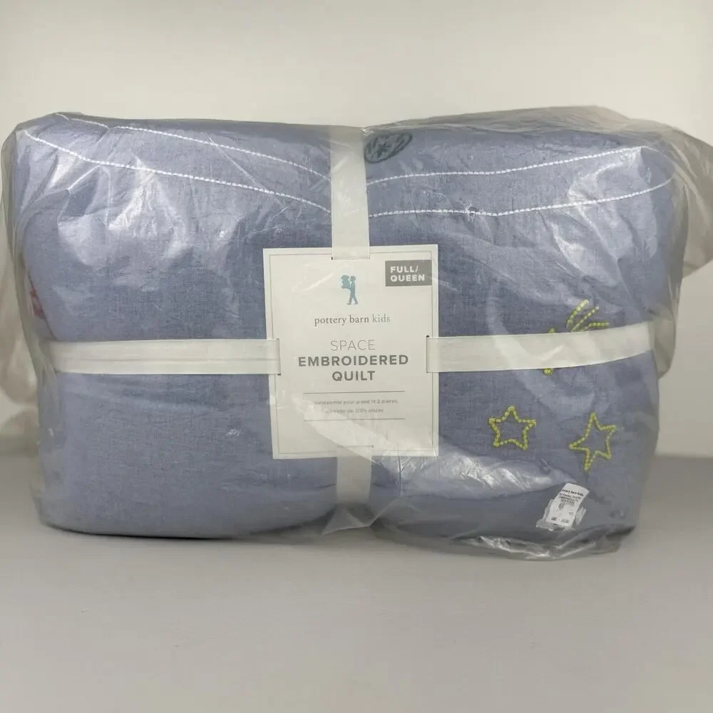 Pottery Barn Kids Space Embroidered Quilt FULL/QUEEN Chambray Blue Stars New